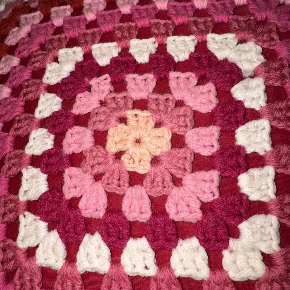 vintage granny square pillow Double Sided Pink Red Magenta Valentine
